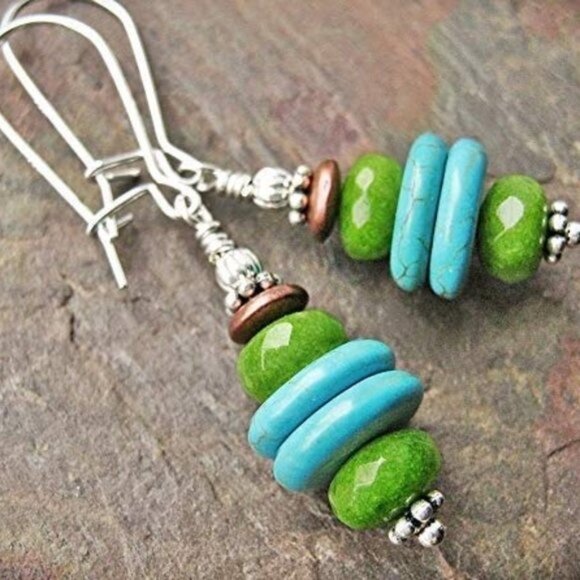 Southwest Jade & Turquoise Earrings Sterling Silver - Picture 5 of 9